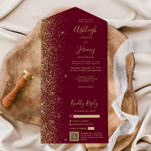 Invitation Tout En Un Parties scintillant or rouge Bourgogne moderne QR 