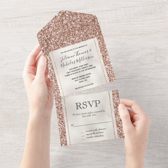 Invitation Tout En Un Parties scintillant Peach Rose Gold Luxe (Déchirure)