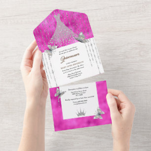 Invitation Tout En Un Parties scintillant rose argent paillettes robe br