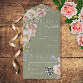 Invitation Tout En Un Pastel Floral Moderne Sage Vert QR Code