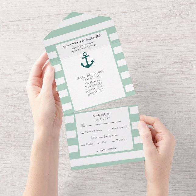 Invitation Tout En Un Pastel Nautique Grandes vertes et blanches (Déchirure)