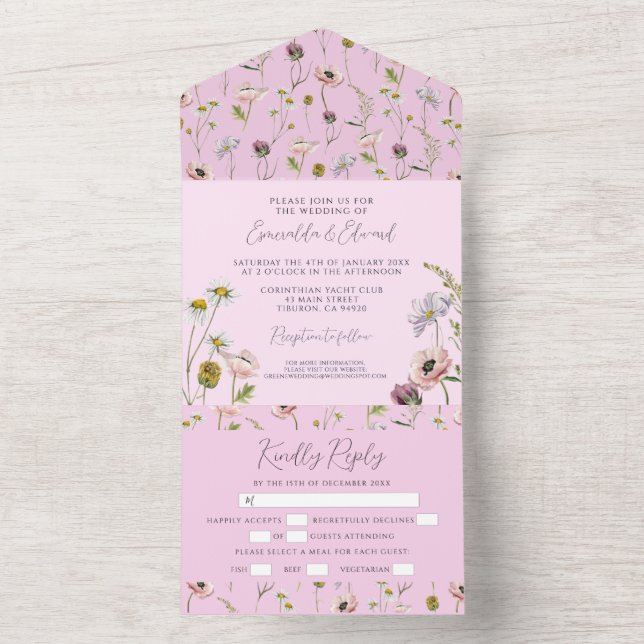 Invitation Tout En Un Pastel Purple Fleur sauvage Mariage botanique (À l'intérieur)