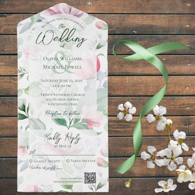 Invitation Tout En Un Pastel Rose & Vert Aquarelle Floral QR Code (Créateur téléchargé)