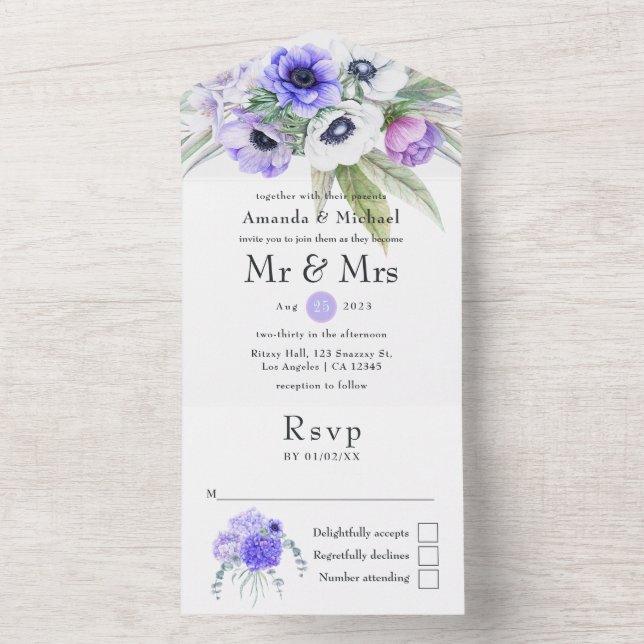 Invitation Tout En Un Pastel Violet Floral Mariage (À l'intérieur)