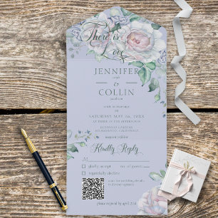 Invitation Tout En Un Pastels & White Peonies Peri Floral QR Code