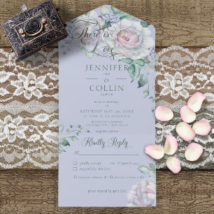 Invitation Tout En Un Pastels & White Peonies Périwinkkel Dîner Floral