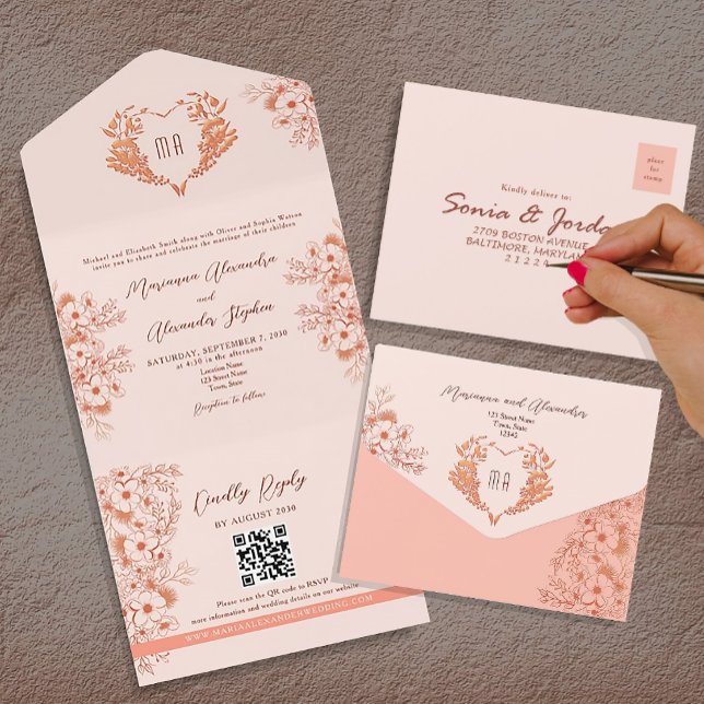 Invitation Tout En Un Peach et Blush Pink Monogram Mariage (Créateur téléchargé)