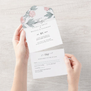 Invitation Tout En Un Peach Peonies Sage Floral Budget Mariage