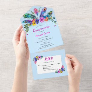 Invitation Tout En Un Peacock Feathers & Fleurs Baby Blue Quinceañera