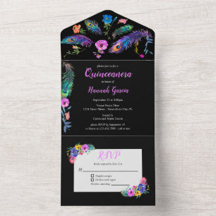 Invitation Tout En Un Peacock Feathers & Fleurs Quinceañera Noir