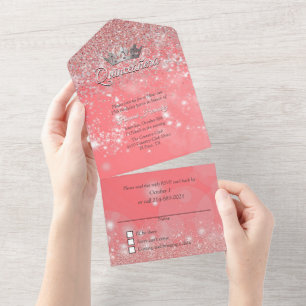 Invitation Tout En Un Pêche Bokeh et Parties scintillant Quinceañera 
