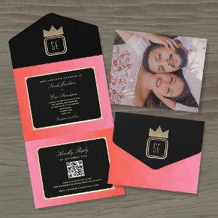 Invitation Tout En Un Pêche moderne et Mariage de code QR noir