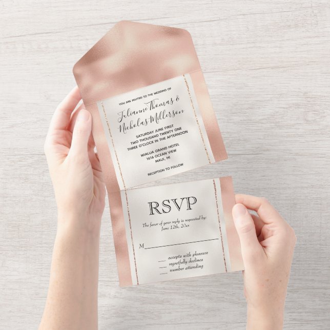 Invitation Tout En Un Pêche Rose Gold Luxe Blanc (Déchirure)