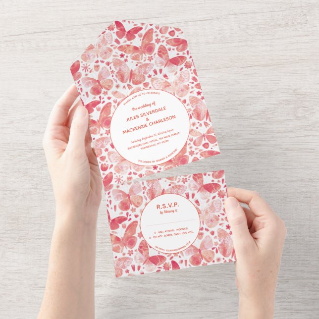 Invitation Tout En Un Peinture papillon rose corail moderne (Déchirure)