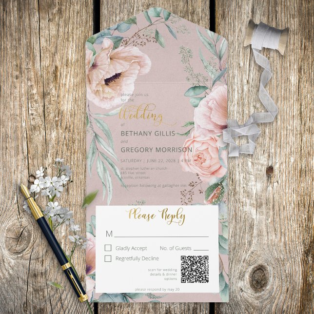Invitation Tout En Un Peonies blanches et blanches rustiques Code QR ros (Créateur téléchargé)