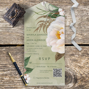 Invitation Tout En Un Peonies blanches modernes sur Sage Green QR Code