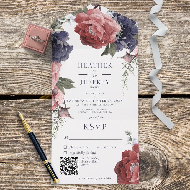 Invitation Tout En Un Peonies rose et bleu rustique Code QR blanc (Also available without a QR code; with or without dinner selection options.)
