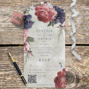 Invitation Tout En Un Peonies rose et bleu rustique Sage Green QR Code