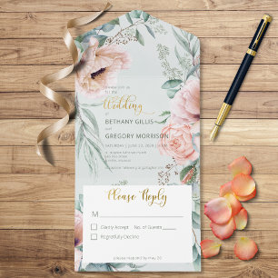 Invitation Tout En Un Peonies rustiques blanches et blanches Sage Green 