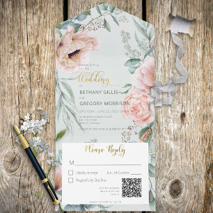 Invitation Tout En Un Peonies rustiques blanches et blanches Sage Green 