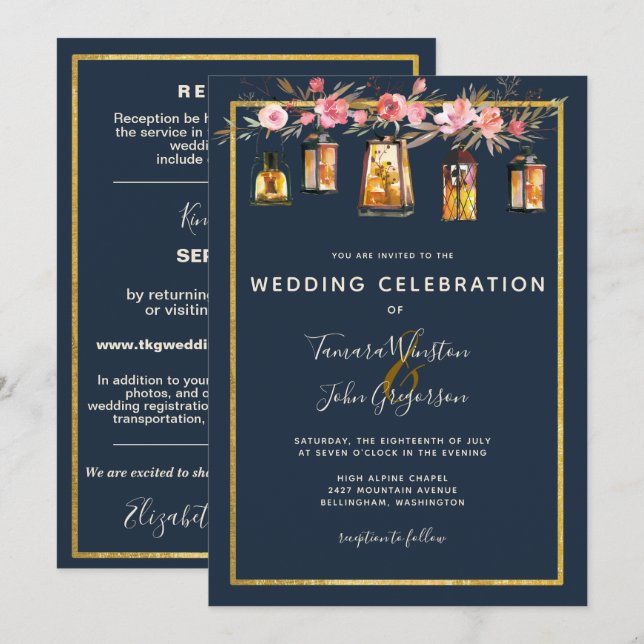 Invitation Tout en un Peonterns Lanterns Marine Coral Mariage (Devant / Derrière)