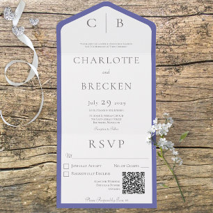 Invitation Tout En Un Périwinkle et monogramme blanc Code QR minimal