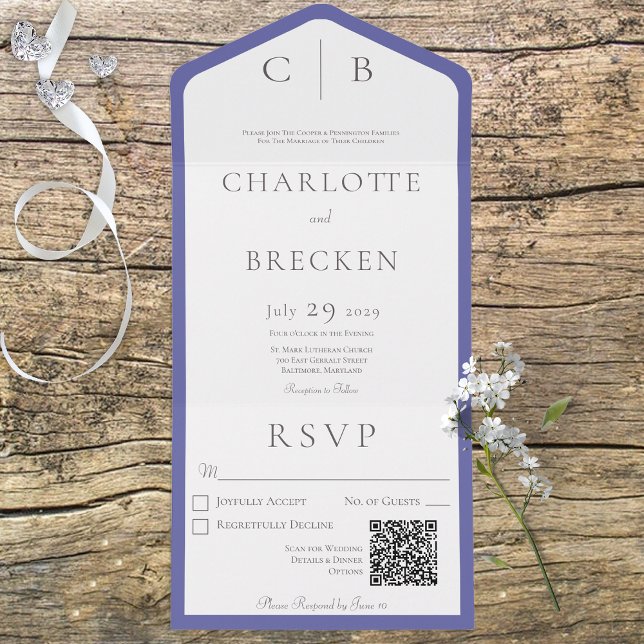 Invitation Tout En Un Périwinkle et monogramme blanc Code QR minimal (Créateur téléchargé)