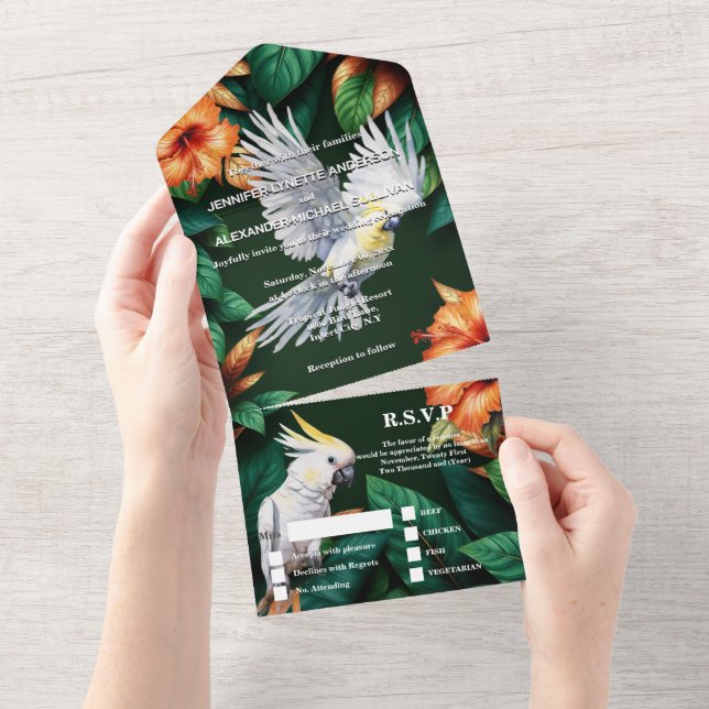 Invitation Tout En Un Perroquet de la jungle hibiscus monstera leaf (Déchirure)
