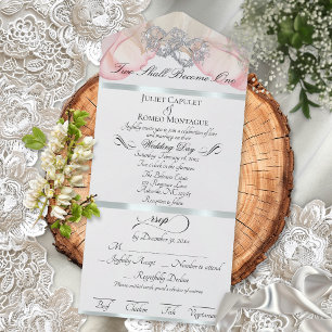 Invitation Tout En Un Pétales Romantiques & Cœurs - Perle Blanche/Argent