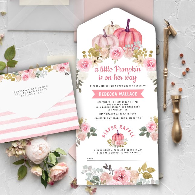 Invitation Tout En Un Petit Baby shower Floral rose Citrouille (Créateur téléchargé)