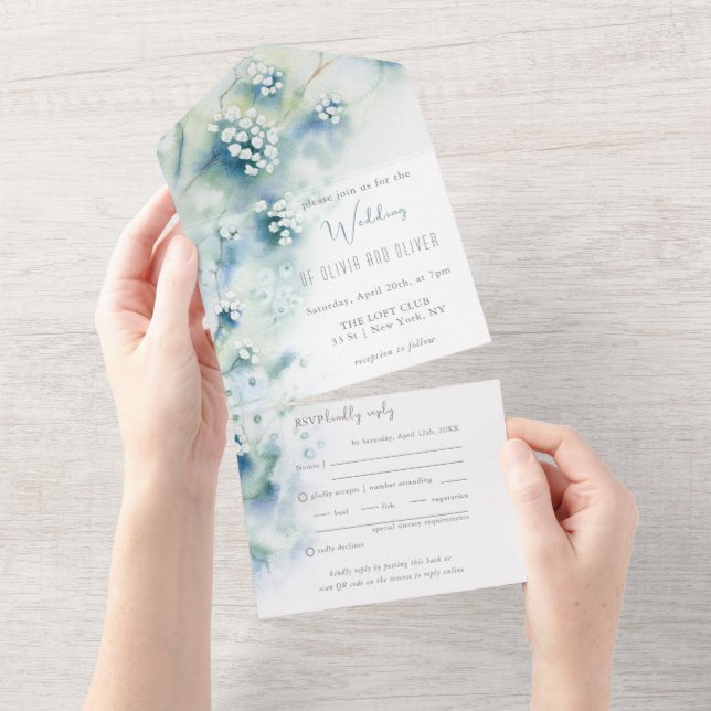 Invitation Tout En Un Petites Fleurs Blanches Mariage Tout en un (Déchirure)