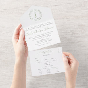 Invitation Tout En Un Photo Back Green Leaf Wreath Simple Modern