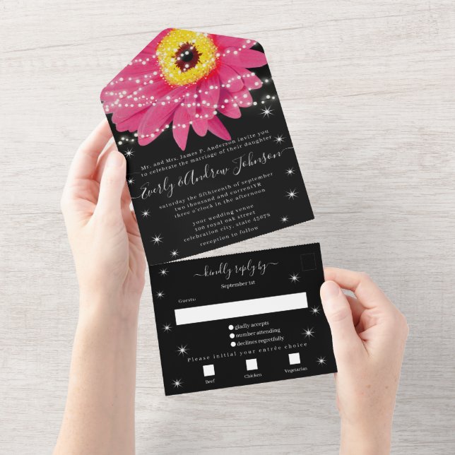 Invitation Tout En Un Photo Back Pink Black Gerber Star String Light (Déchirure)