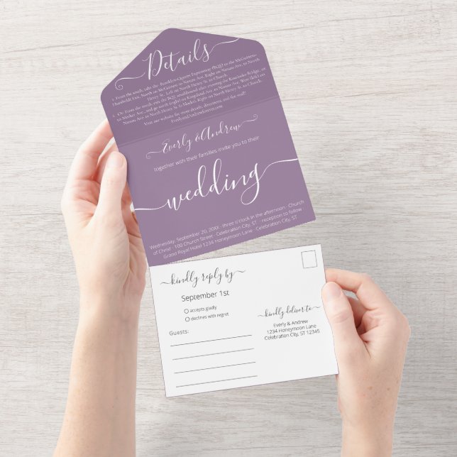 Invitation Tout En Un Photo Back Simple Modern Purple Mariage (Déchirure)