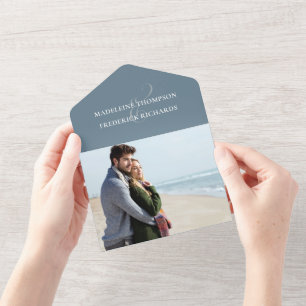 Invitation Tout En Un Photo bleu foncé moderne minimaliste QR Code RSVP