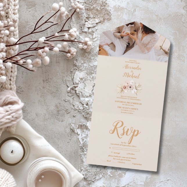 Invitation Tout En Un Photo Boho Pampass Grass Mariage Floral Économisez (Créateur téléchargé)