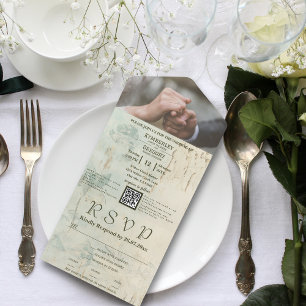 Invitation Tout En Un Photo Code QR avec Texture Patinée et Accents Flor