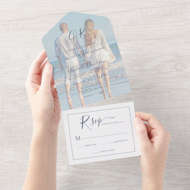 Invitation Tout En Un Photo Couple moderne Mariage bleu Dusty (Déchirure)