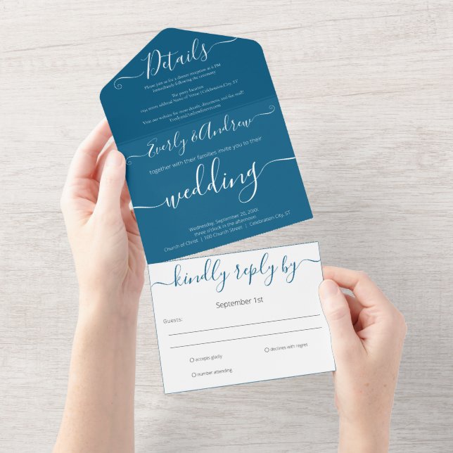 Invitation Tout En Un Photo de Back Simple Moderne Mykonos Mariage Bleu (Déchirure)