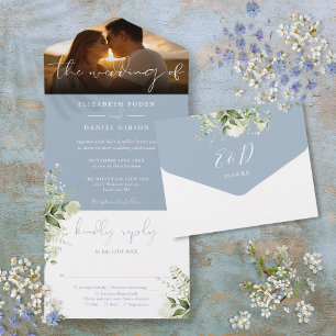 Invitation Tout En Un Photo de mariage à la verdure florale bleu poussié