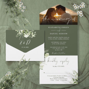 Invitation Tout En Un Photo de mariage à la verdure florale verte olive