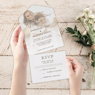 Invitation Tout En Un Photo de mariage élégant couple neutre marron
