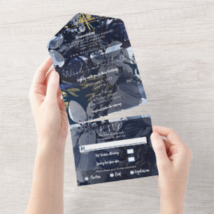 Invitation Tout En Un Photo de mariage floral aquarelle bleu marine or