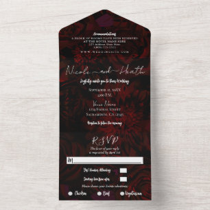 Invitation Tout En Un Photo de mariage floral bordeaux foncé 