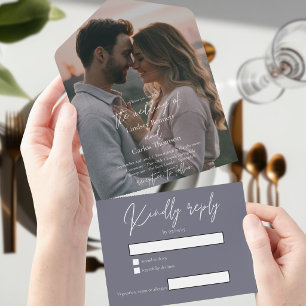Invitation Tout En Un Photo de mariage gris sombre moderne élégant avec