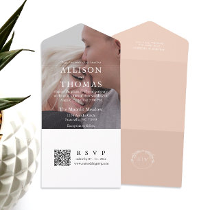 Invitation Tout En Un Photo de pêche moderne QR Code Monogramme Mariage