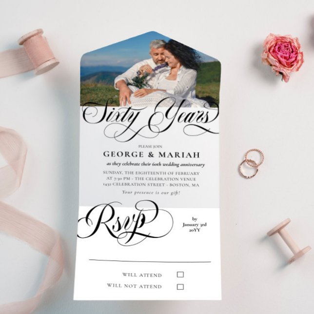 Invitation Tout En Un Photo de tourbillons noirs et blancs pour 60e anni (Créateur téléchargé)