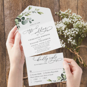 Invitation Tout En Un PHOTO Élégant Mariage Floral d'Eucalyptus à l'Aqua