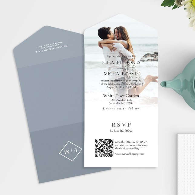 Invitation Tout En Un Photo gris moderne QR Code Mariage en ligne (All-in-one wedding invitation with QR code to RSVP - Simplify and save time for you and your guests.)