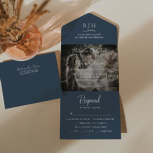 Invitation Tout En Un Photo Mariage bleu de la marine moderne Monogram